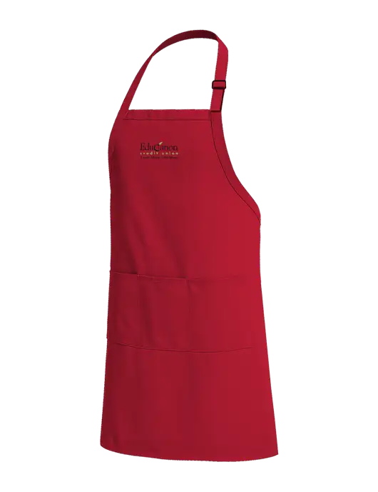 Easy Care Extra Long Bib Red Apron with Stain Release w/Education Credit Union Logo