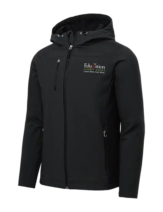 Hooded Core Black Soft Shell Jacket w/Education Credit Union Logo