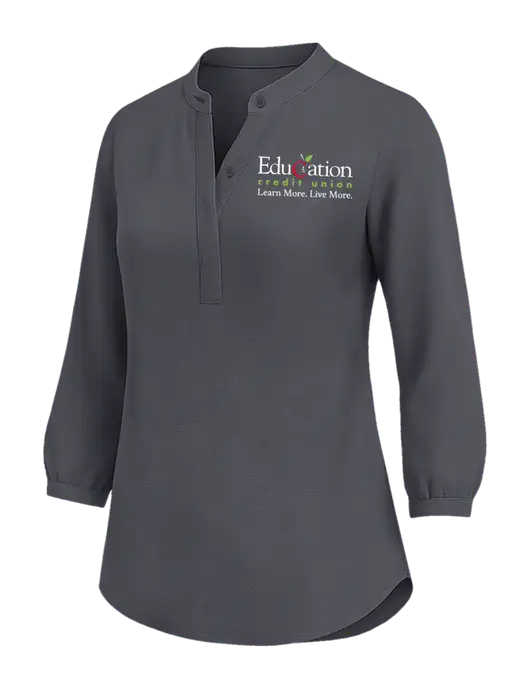 Womens Three Quarter-Sleeve Textured Dark Grey Crepe Tunic w/Education Credit Union Logo