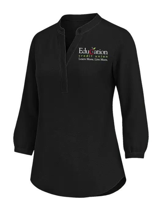 Womens Three Quarter-Sleeve Textured Black Crepe Tunic w/Education Credit Union Logo