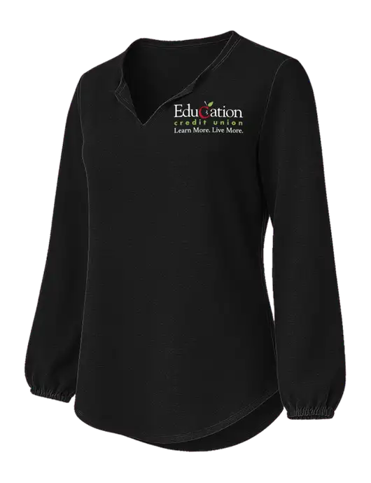 Womens Textured Black Crepe Blouse w/Education Credit Union Logo