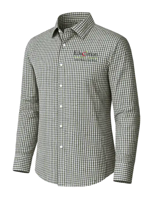 Brooks Brothers Tech Stretch Charcoal Grey Check Patterned Shirt w/Education Credit Union Logo