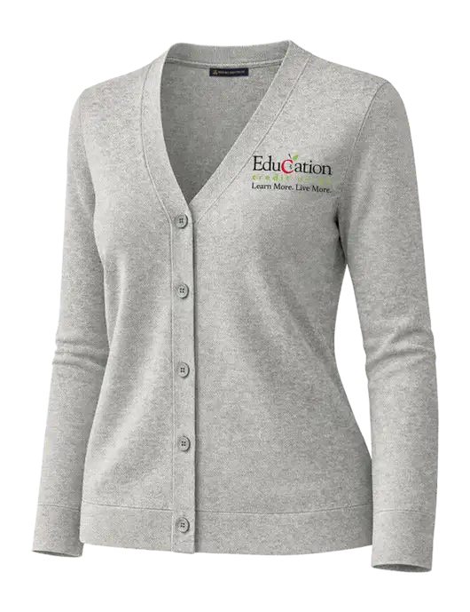 Brooks Brothers Womens Cotton Stretch Light Grey Heather Cardigan Sweater w/Education Credit Union Logo