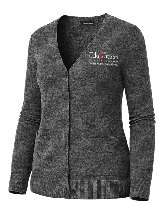 Womens Charcoal Heather Washable V-neck Cardigan Sweater w/Education Credit Union Logo