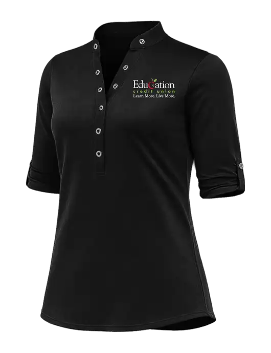 OGIO Womens Crush Henley Black 3/4 Sleeve Shirt w/Education Credit Union Logo