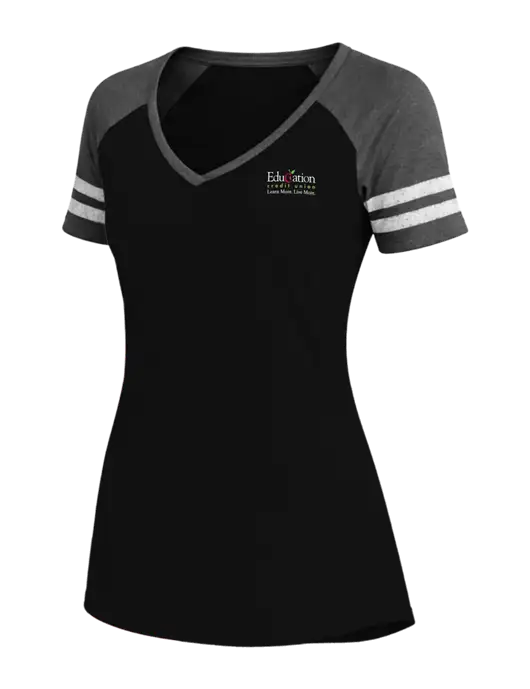 Womens Black/Charcoal Heather V-Neck Game Tee w/Education Credit Union Logo