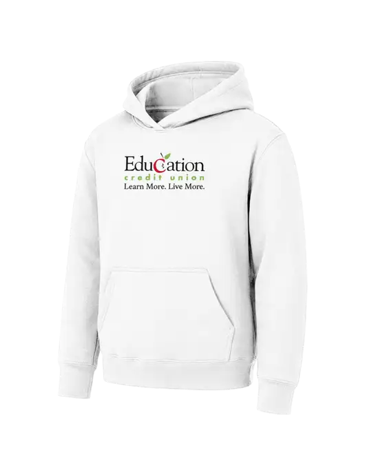 Youth White 7.8 oz Pullover Hooded Sweatshirt w/Education Credit Union Logo