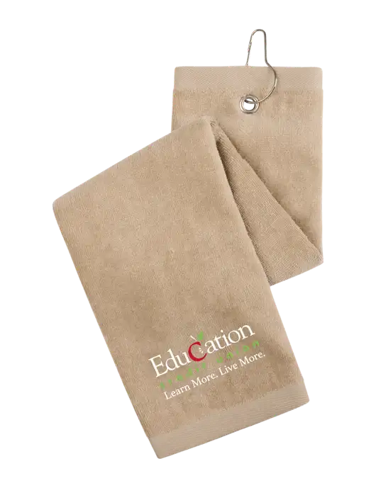 Khaki Tri-Fold Golf Towel with Grommet w/Education Credit Union Logo